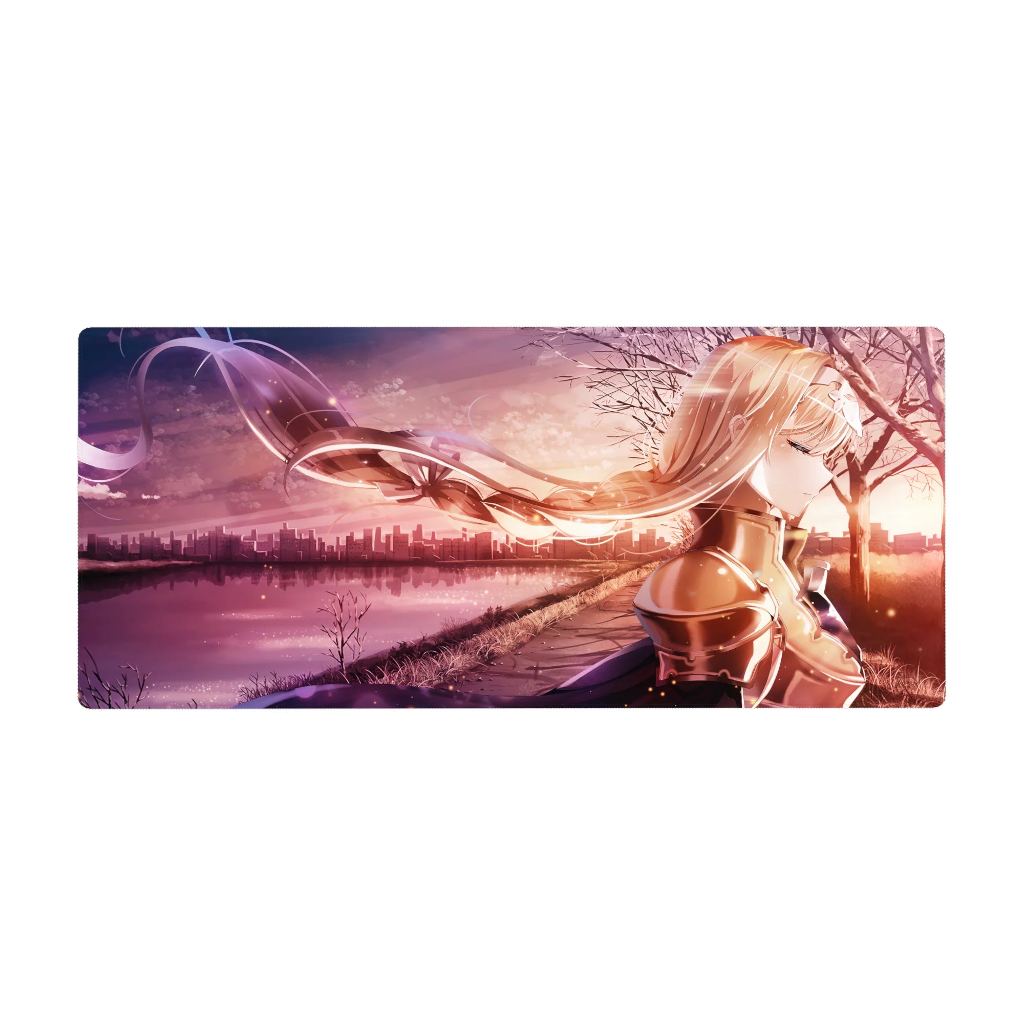 Anime desk pad 36x16 inches featuring Alice from Sword Art Online, with blush tones and sunset cityscape backdrop.