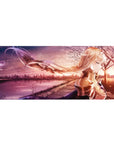 Anime desk pad 36x16 inches featuring Alice from Sword Art Online, with blush tones and sunset cityscape backdrop.