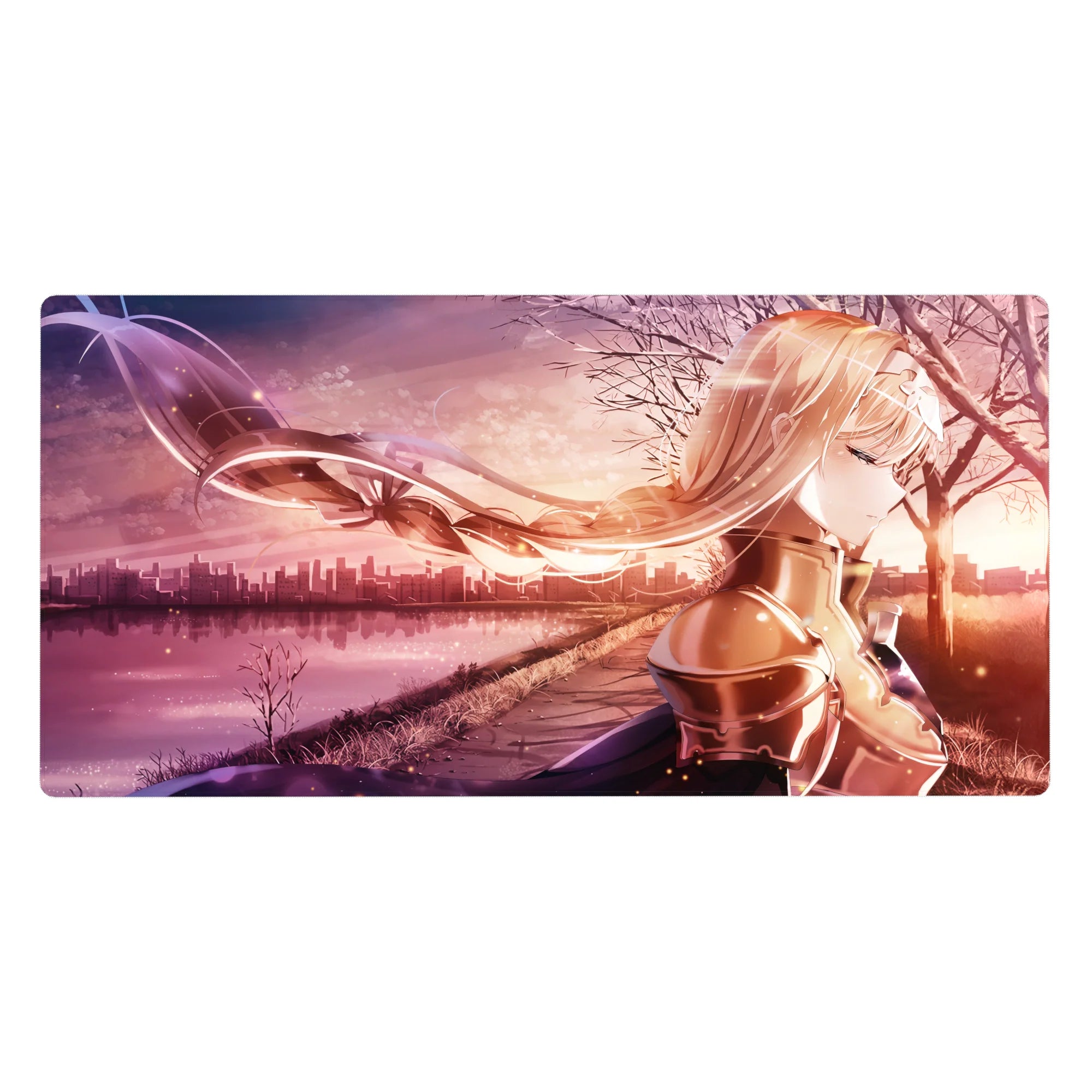 Anime mouse pad 40x20 inches featuring Alice from Sword Art Online in golden hour with blush tones and copper reflections.