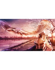 Anime mouse pad 40x20 inches featuring Alice from Sword Art Online in golden hour with blush tones and copper reflections.