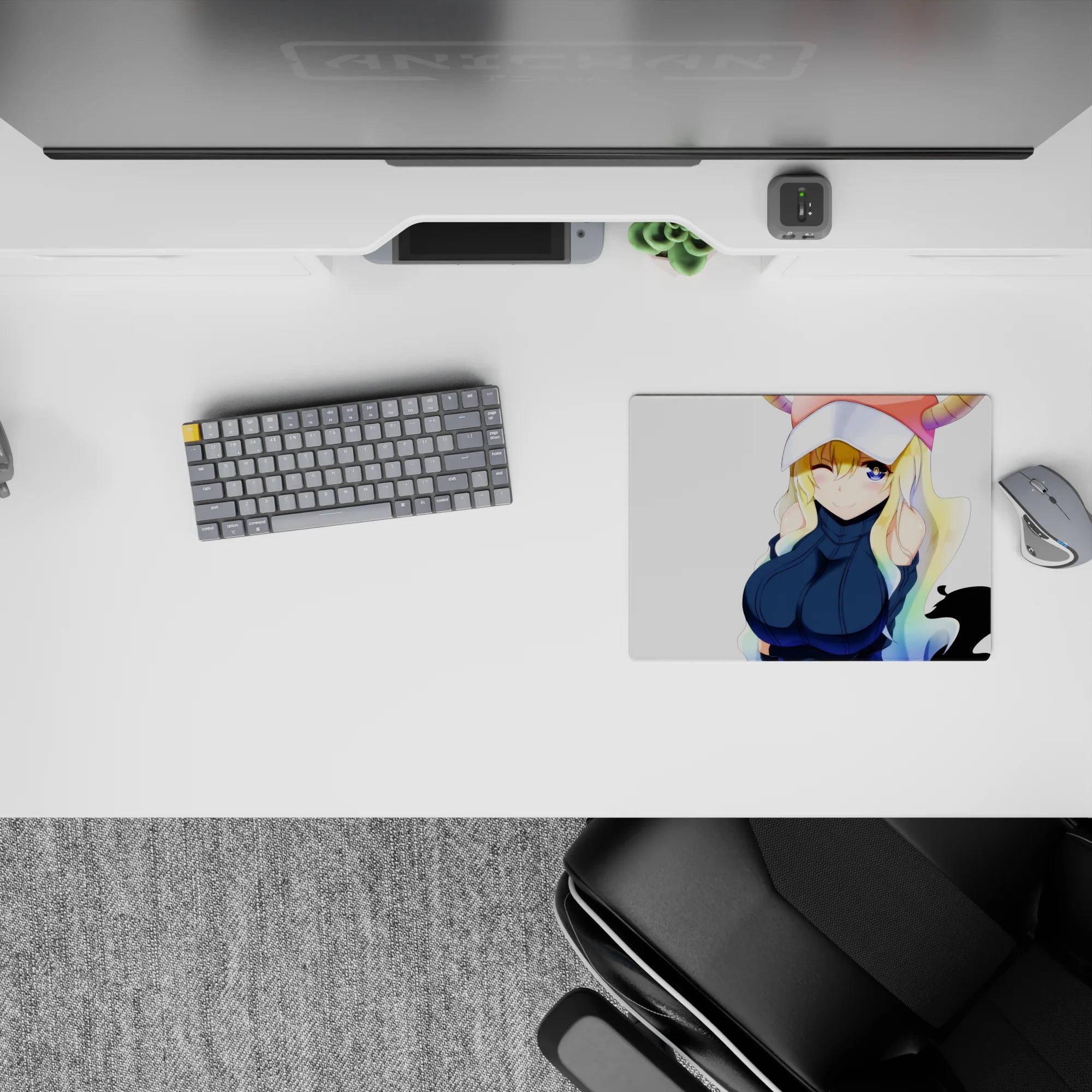 Cute 14x10 inches anime mouse pad in creamy white with soft rainbow hair tips, playful tidy desk vibe.