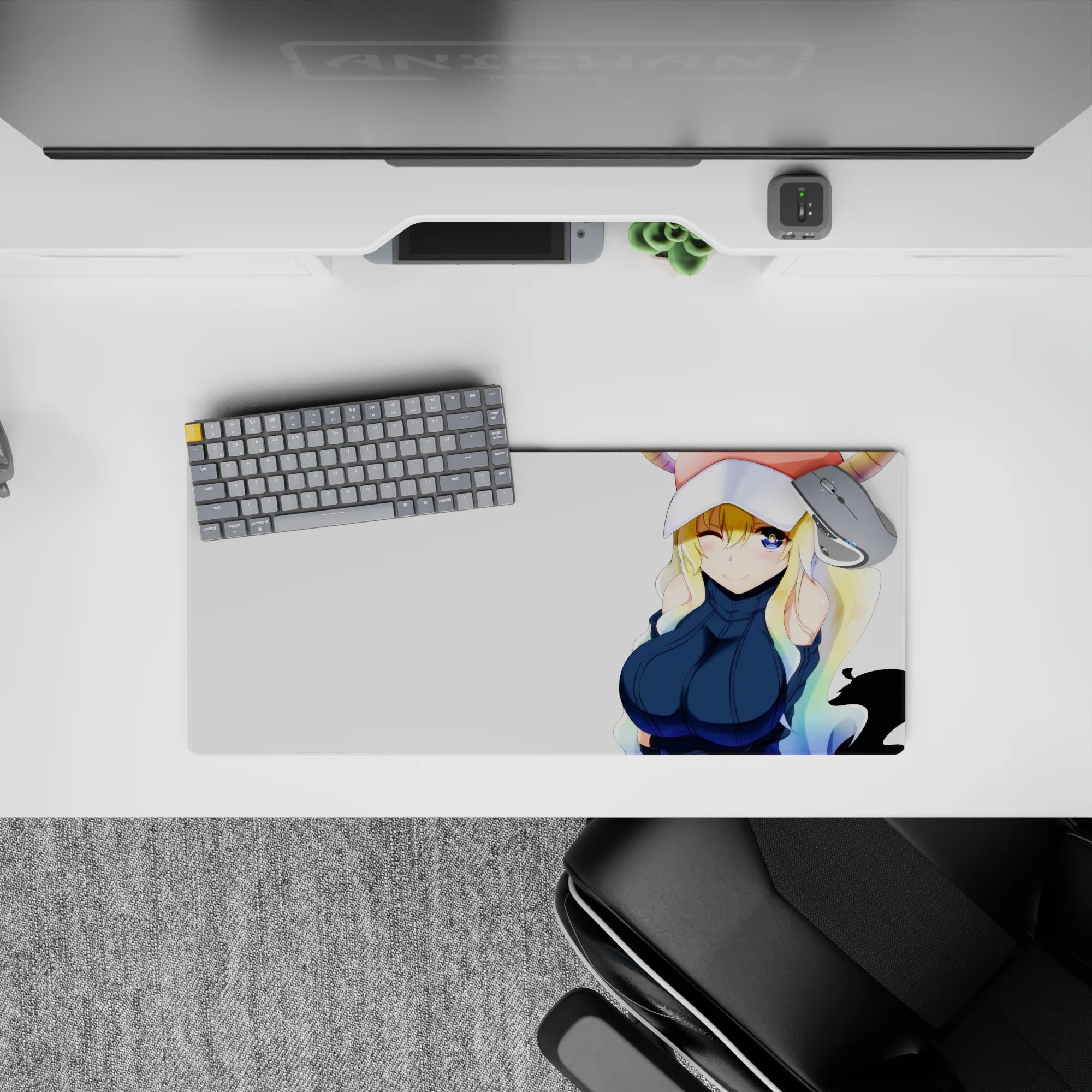 28x12 inches cute desk mouse pad with creamy white backdrop and soft rainbow hair tips, playful clean vibe.