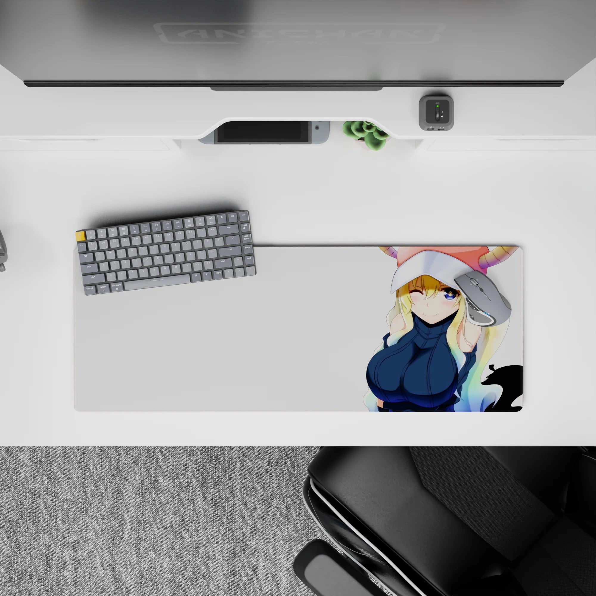 Cute 32x12 inches anime mouse pad in soft rainbow and navy tones on a clean creamy white backdrop.