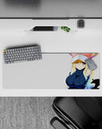 Cute 32x12 inches anime mouse pad in soft rainbow and navy tones on a clean creamy white backdrop.