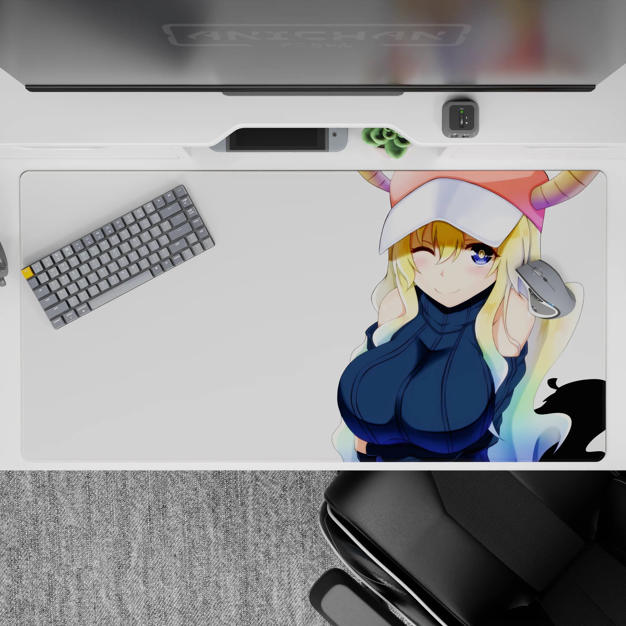 Pastel rainbow hair tips on creamy white, cute clean vibe anime desk pad 40x20 inches.