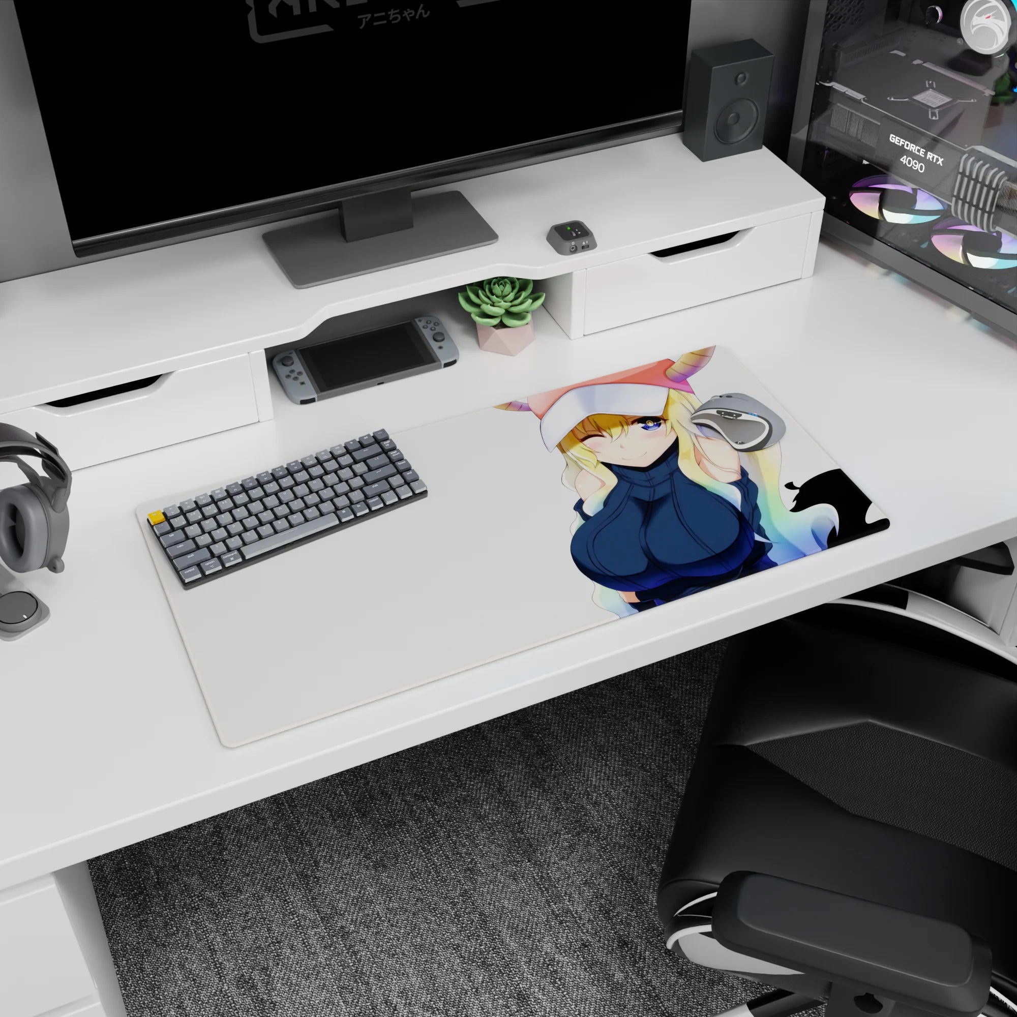 Tohru winking from Miss Kobayashi's Dragon Maid on anime mouse pad 32x16 inches, tidy desk style.