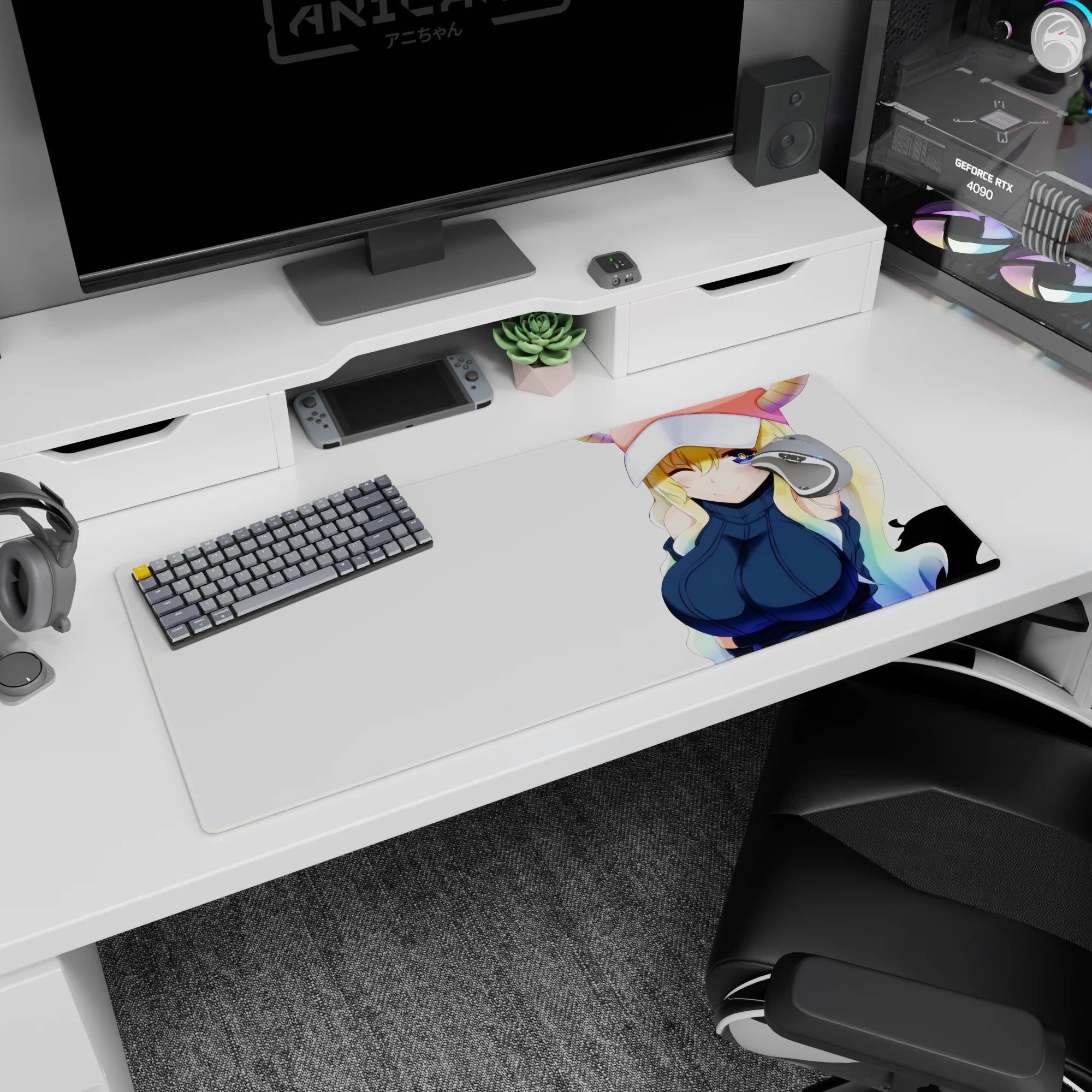 Tohru from Miss Kobayashi's Dragon Maid winking on an anime desk pad 36x16 inches, clean tidy setup.