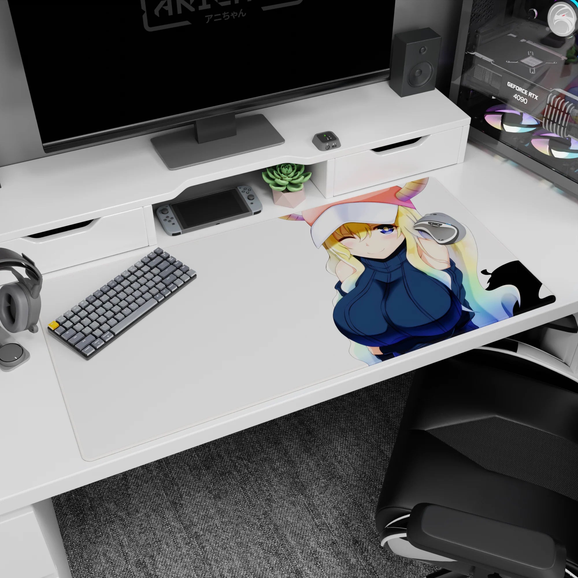 Tohru from Miss Kobayashi's Dragon Maid winks on a 40x20 inches desk pad, playful attitude.