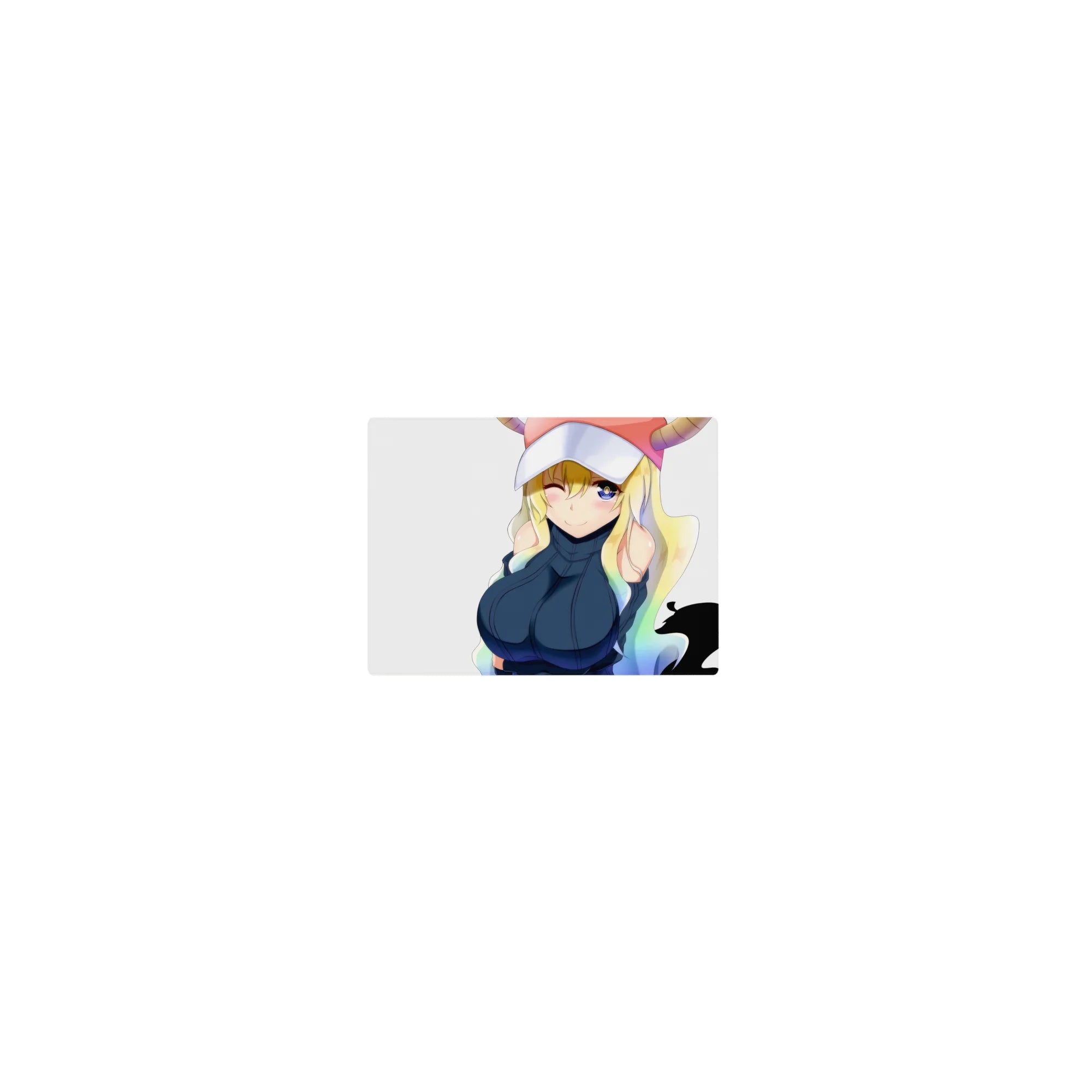 Classic anime girl mouse pad 14x10 inches with winking dragon maid, pink horn cap, navy outfit, clean look.