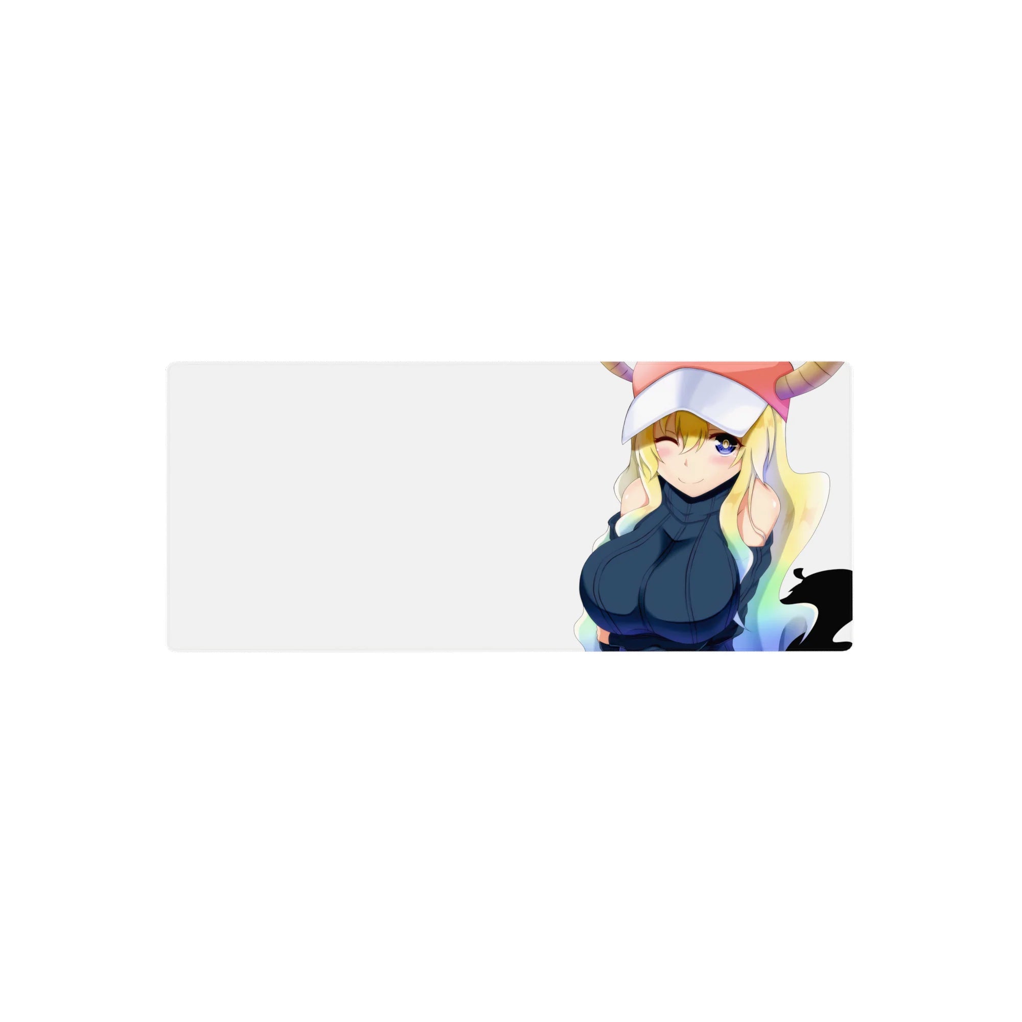 28x12 inches anime girl mouse pad with winking dragon maid on creamy white, pink horn cap, navy outfit.