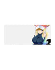 28x12 inches anime girl mouse pad with winking dragon maid on creamy white, pink horn cap, navy outfit.