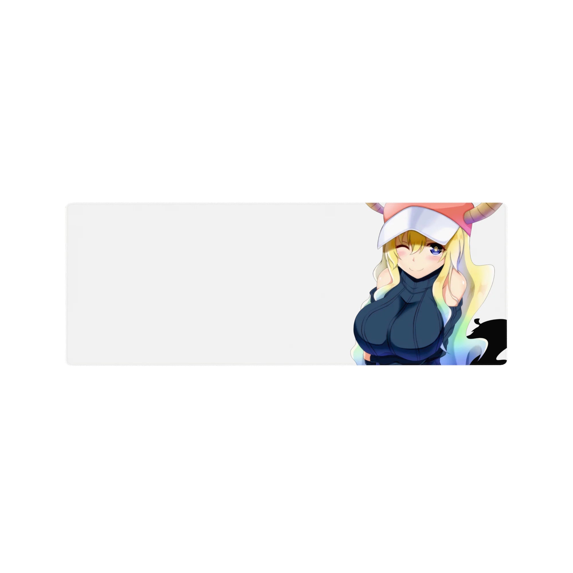 Anime girl mouse pad 32x12 inches with winking Tohru, creamy white background, pink horned cap.