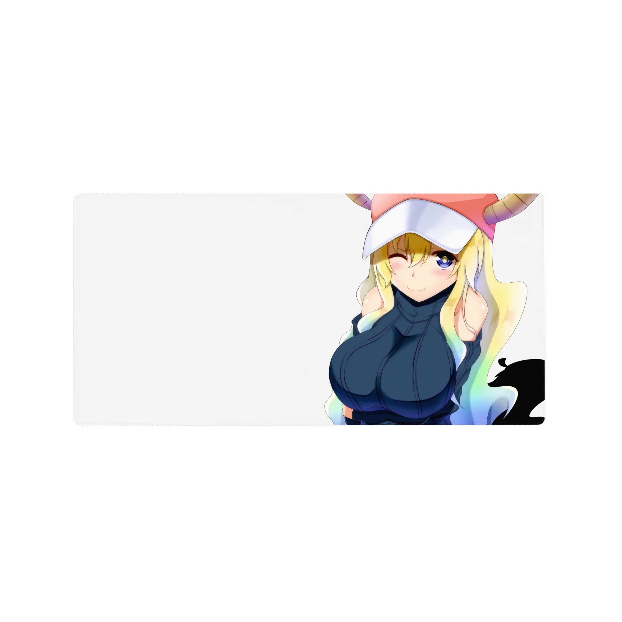 Anime girl mouse pad 32x16 inches with winking maid dragon on creamy white background, bold navy outfit.