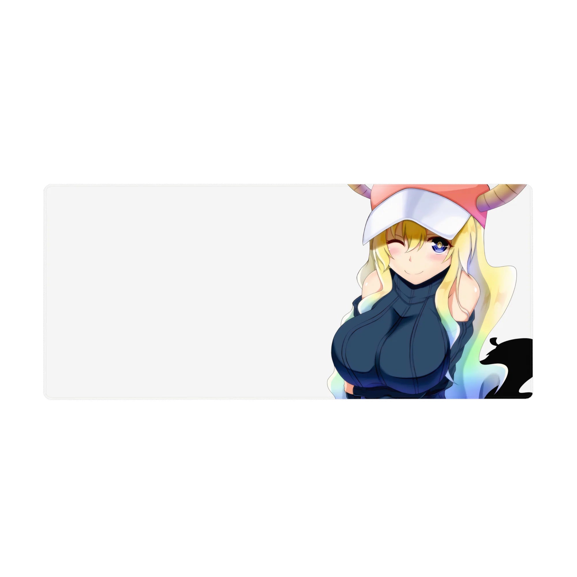 Anime girl desk pad 36x16 inches with winking Tohru on creamy white, pink horn cap and navy outfit.