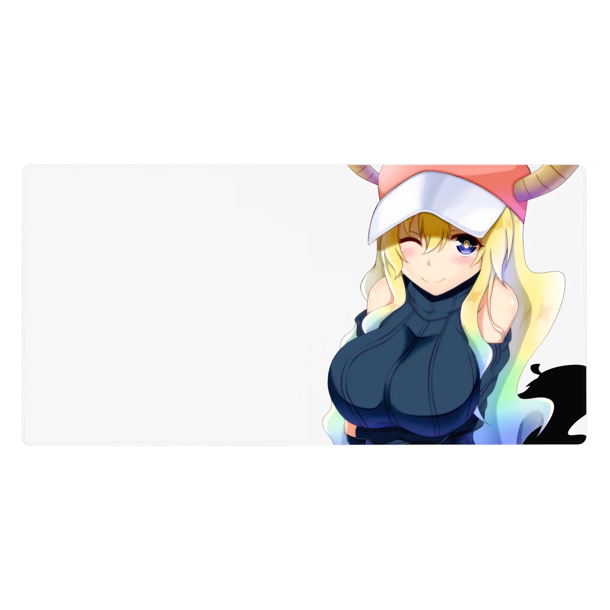 Anime girl desk pad 40x20 inches with winking dragon maid, pink horned cap, navy outfit on white.