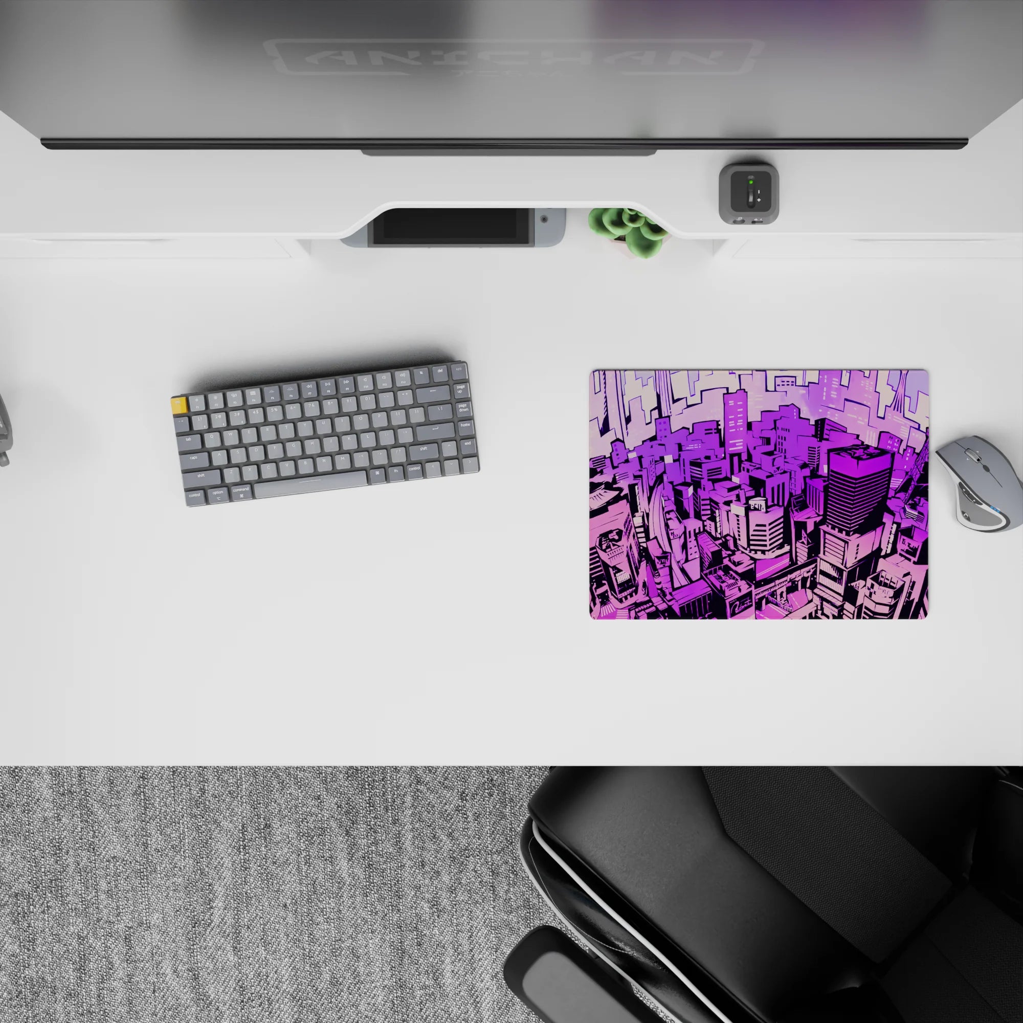 Anime mouse pad 14x10 inches featuring a neon Tokyo skyline in lavender, magenta, and violet with a cyberpunk vibe.