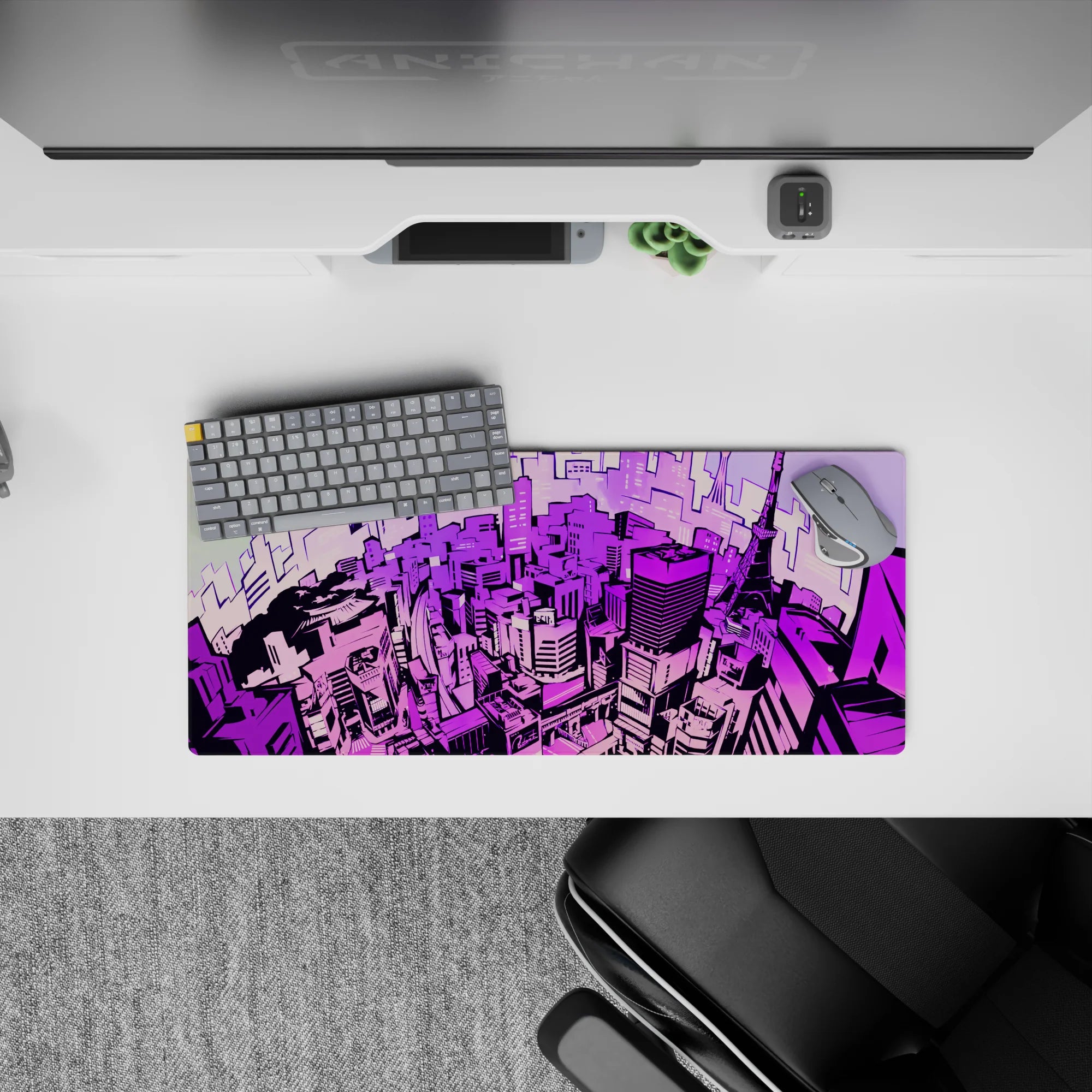 Anime mouse pad featuring a neon Tokyo skyline in 28x12 inches, with bold shades of lavender, magenta, and electric violet.