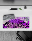 Anime mouse pad featuring a neon Tokyo skyline in 28x12 inches, with bold shades of lavender, magenta, and electric violet.