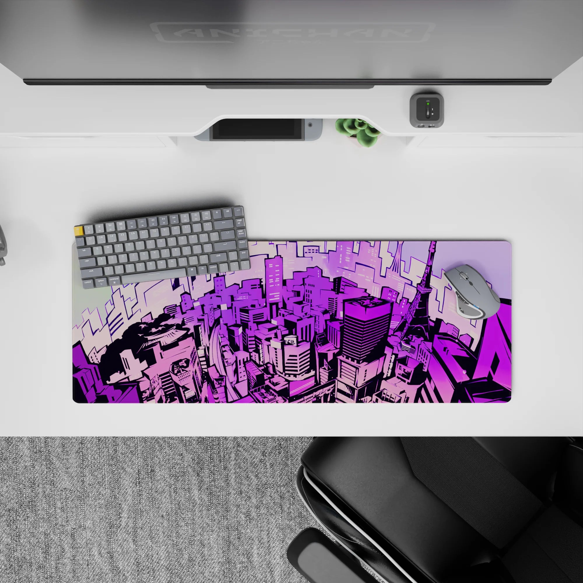 Anime mouse pad 32x12 inches featuring a neon Tokyo skyline with shades of lavender, magenta, and electric violet.