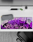 Anime mouse pad 32x12 inches featuring a neon Tokyo skyline with shades of lavender, magenta, and electric violet.