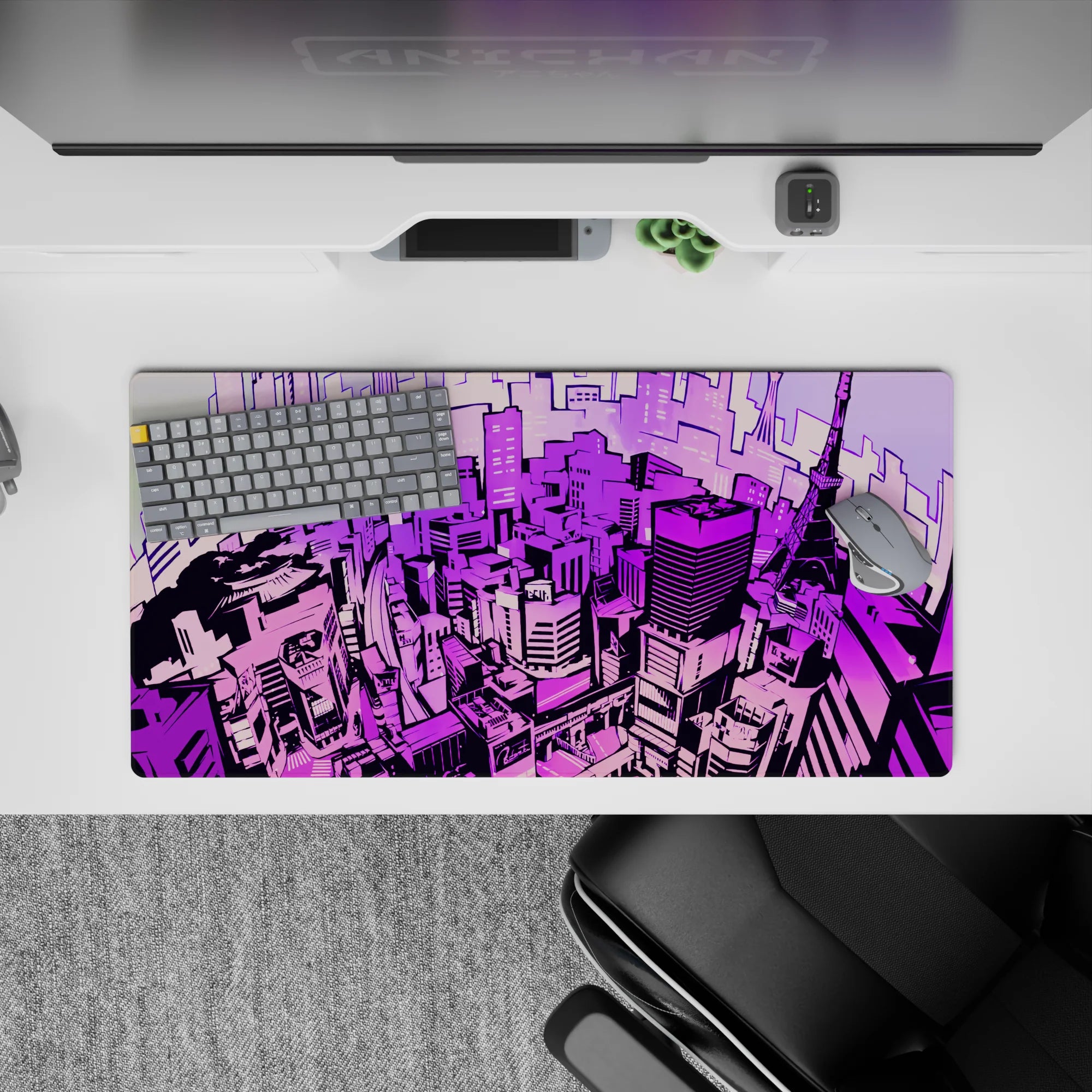 Anime mouse pad 32x16 inches with neon Tokyo skyline, lavender, magenta, and violet hues, perfect for cyberpunk fans.