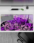 Anime mouse pad 32x16 inches with neon Tokyo skyline, lavender, magenta, and violet hues, perfect for cyberpunk fans.
