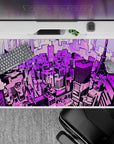 Anime mouse pad 40x20 inches featuring a neon Tokyo skyline with lavender, magenta, and electric violet hues.