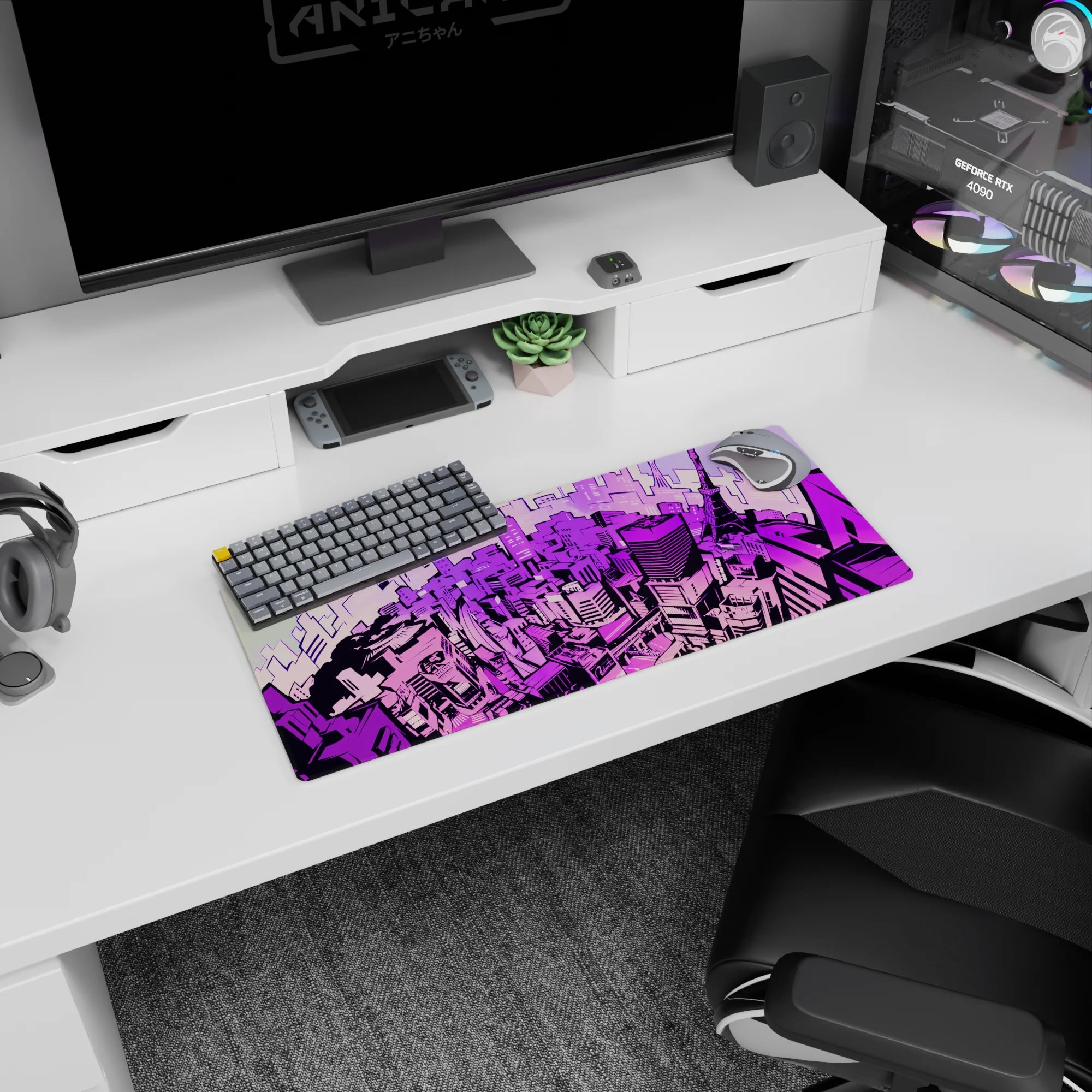 Large 28x12 inch anime mouse pad featuring a neon Tokyo skyline with lavender, magenta, and electric violet hues.
