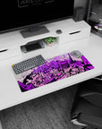 Large 28x12 inch anime mouse pad featuring a neon Tokyo skyline with lavender, magenta, and electric violet hues.