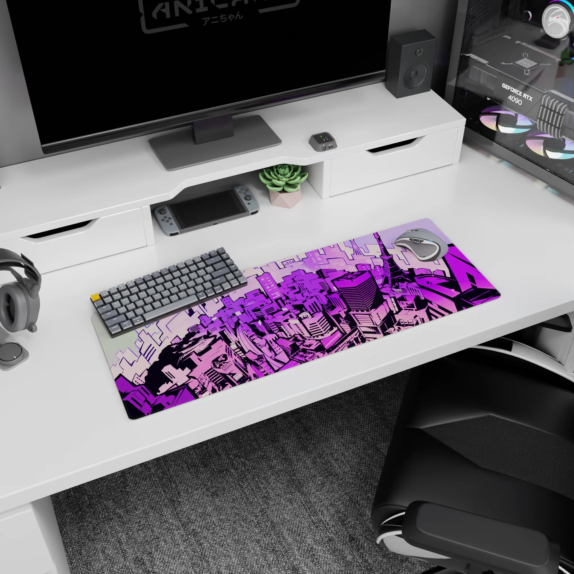 Anime mouse pad 32x12 inches featuring a neon Tokyo skyline in lavender, magenta, and violet, capturing cyberpunk vibes.