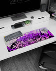 Anime mouse pad 32x12 inches featuring a neon Tokyo skyline in lavender, magenta, and violet, capturing cyberpunk vibes.