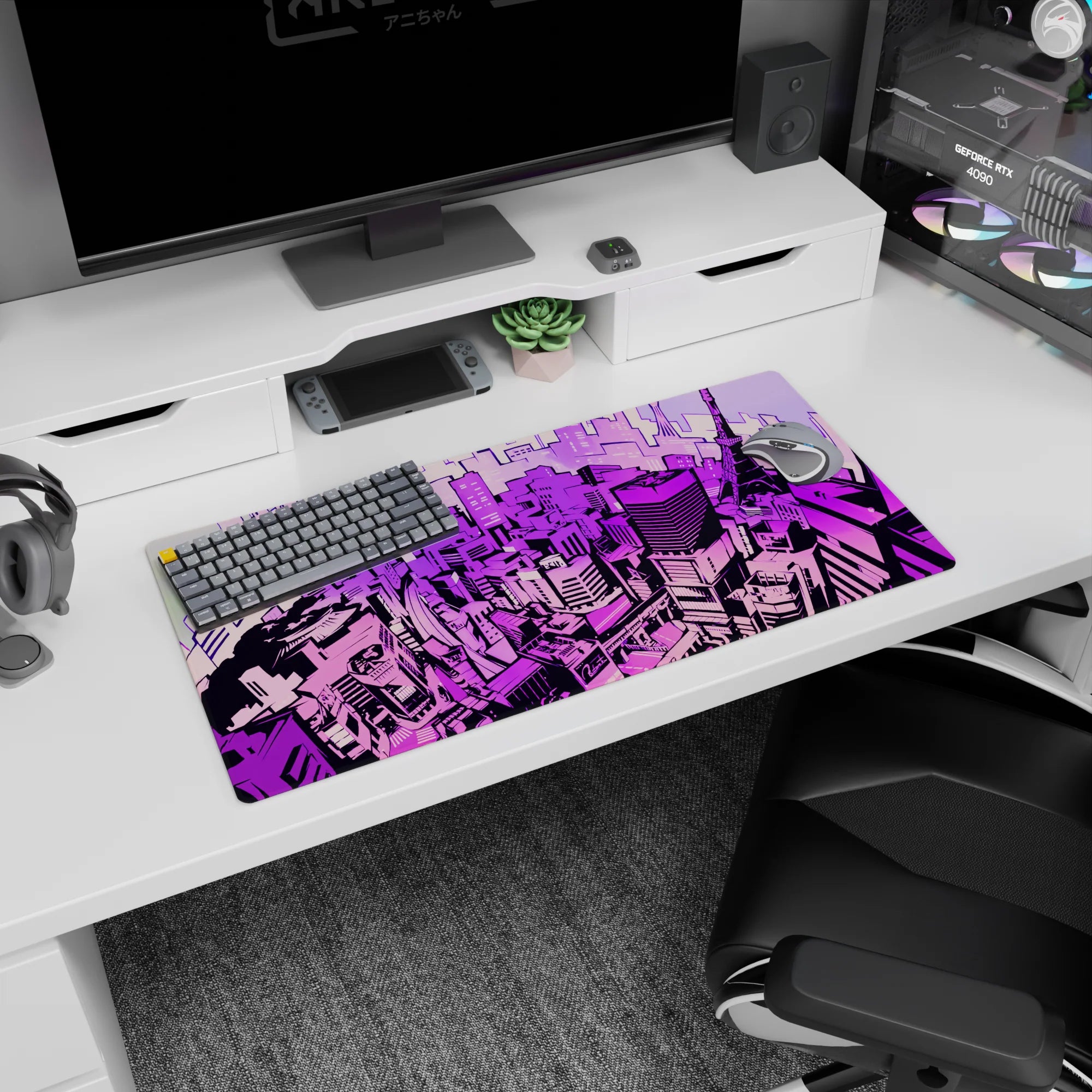 Anime mouse pad 32x16 inches featuring a neon Tokyo skyline in lavender, magenta, and violet; perfect for cyberpunk fans.