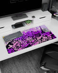 Anime mouse pad 32x16 inches featuring a neon Tokyo skyline in lavender, magenta, and violet; perfect for cyberpunk fans.