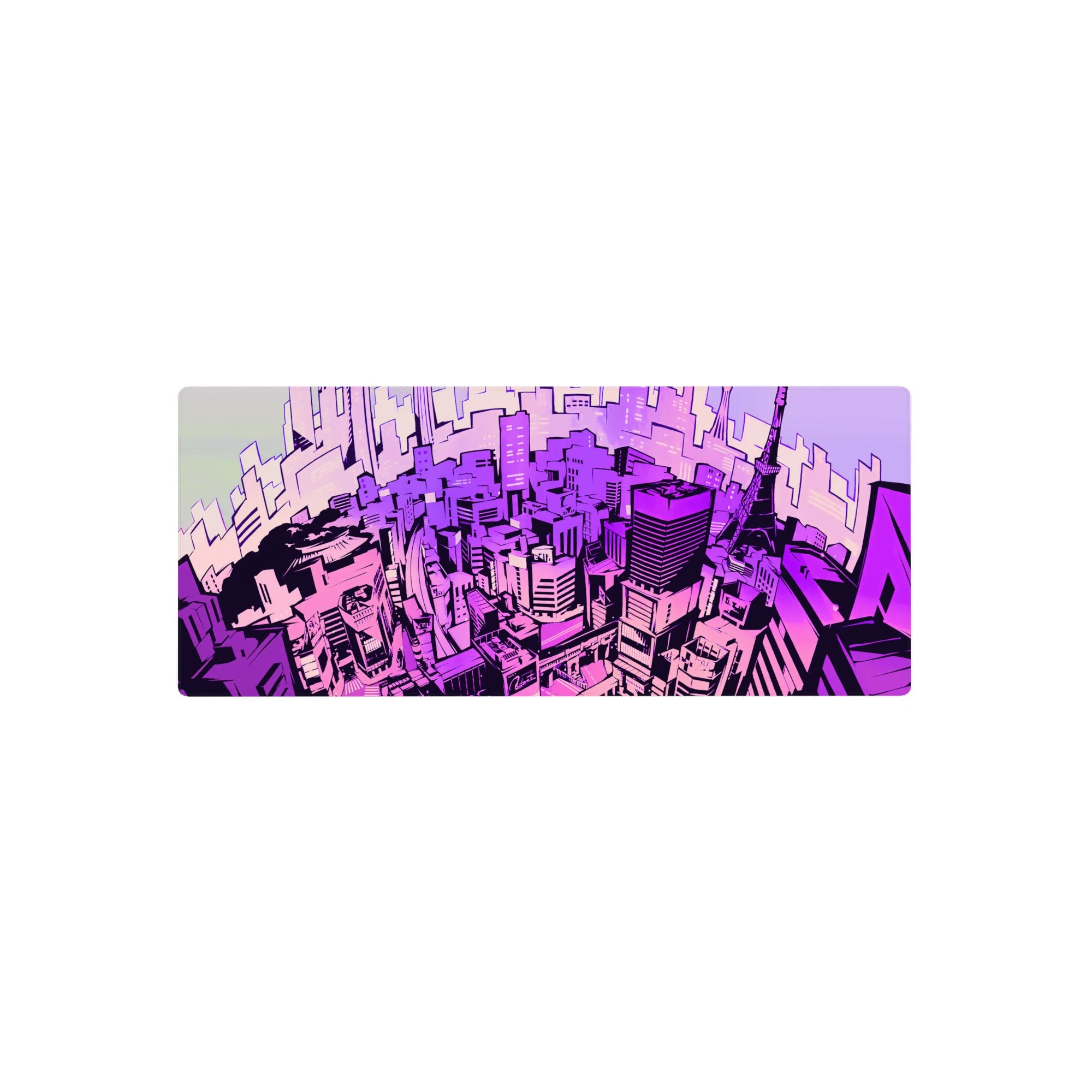 Anime mouse pad, 28x12 inches, featuring a neon Tokyo skyline with lavender, magenta, and electric violet hues.