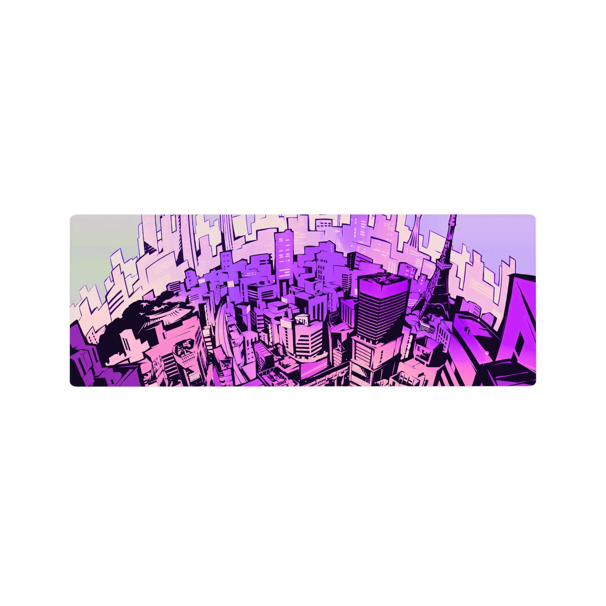 Anime mouse pad featuring a 32x12 inch neon Tokyo skyline, blending lavender, magenta, and violet for a cyberpunk vibe.