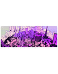 Anime mouse pad featuring a 32x12 inch neon Tokyo skyline, blending lavender, magenta, and violet for a cyberpunk vibe.