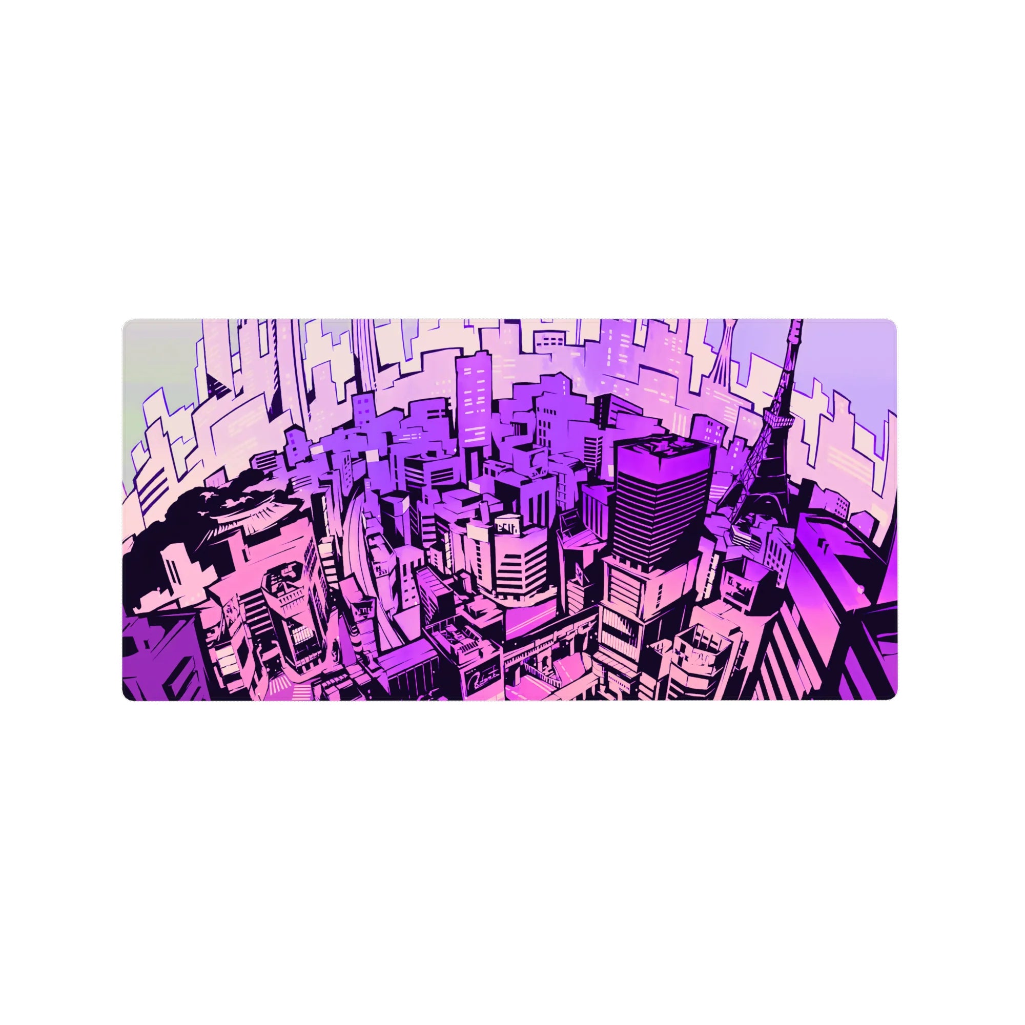 Anime mouse pad 32x16 inches with neon Tokyo skyline, lavender, magenta hues, perfect for cyberpunk and cityscape fans.