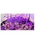 Anime mouse pad 32x16 inches with neon Tokyo skyline, lavender, magenta hues, perfect for cyberpunk and cityscape fans.