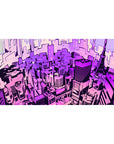 Anime mouse pad 40x20 inches with neon Tokyo skyline, lavender, magenta, violet hues, cyberpunk cityscape vibes.