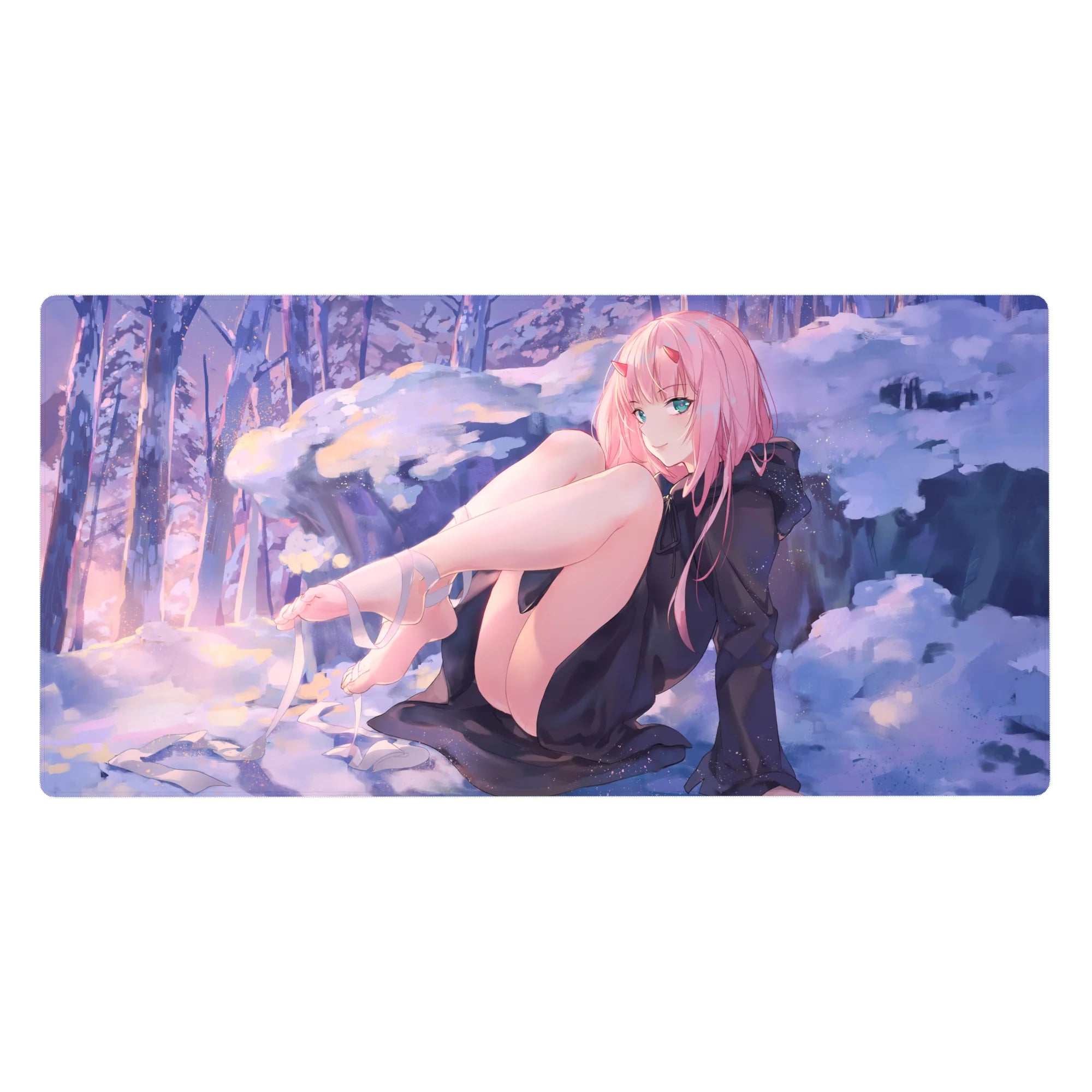 Zero Two 40x20 desk pad from Darling in the Franxx, featuring her against a serene snowy backdrop with soft purples and a golden sunset for an elegant yet mischievous vibe