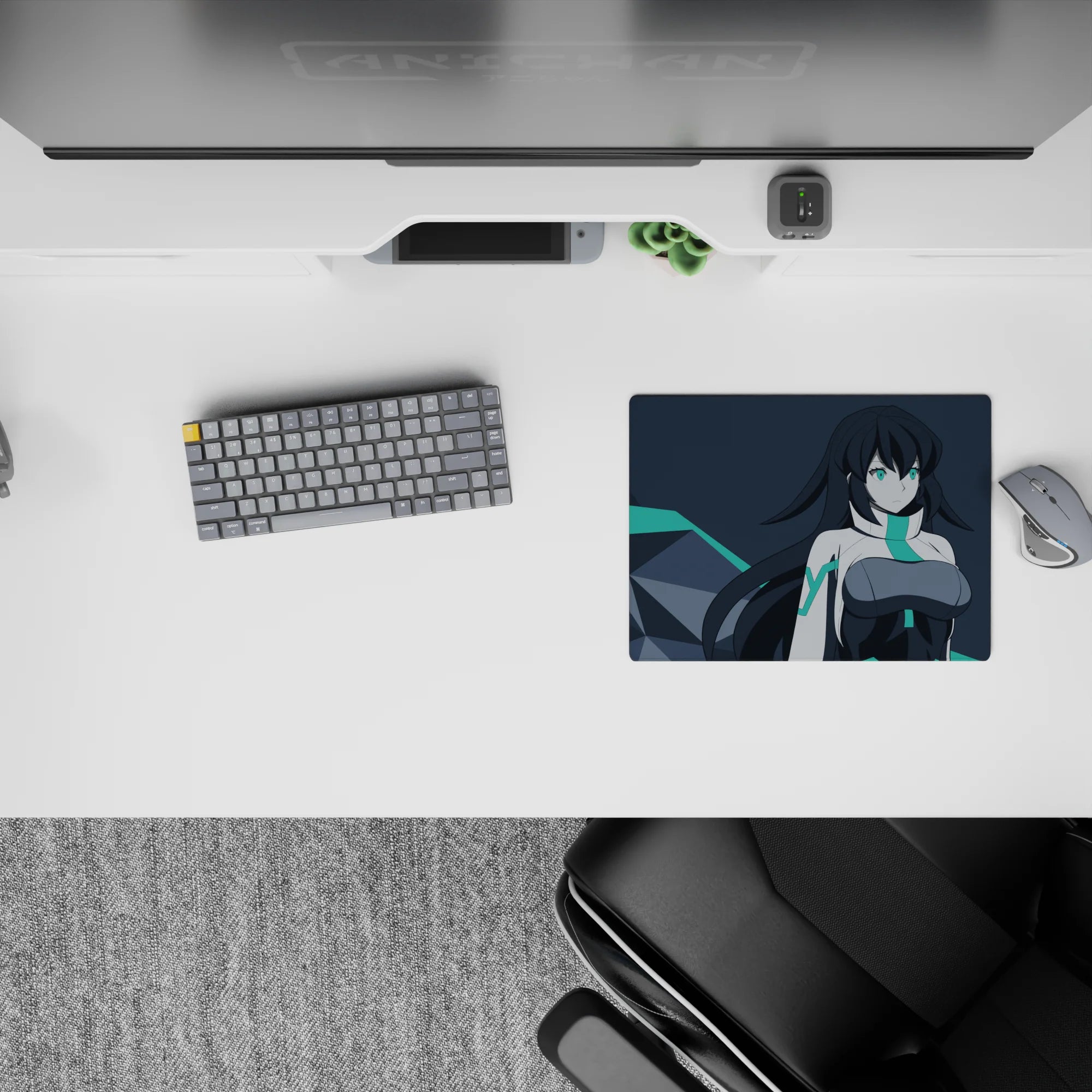 Cool teal and charcoal anime mouse pad 14x10 inches, cyber-future vibe with a calm, mysterious feel.