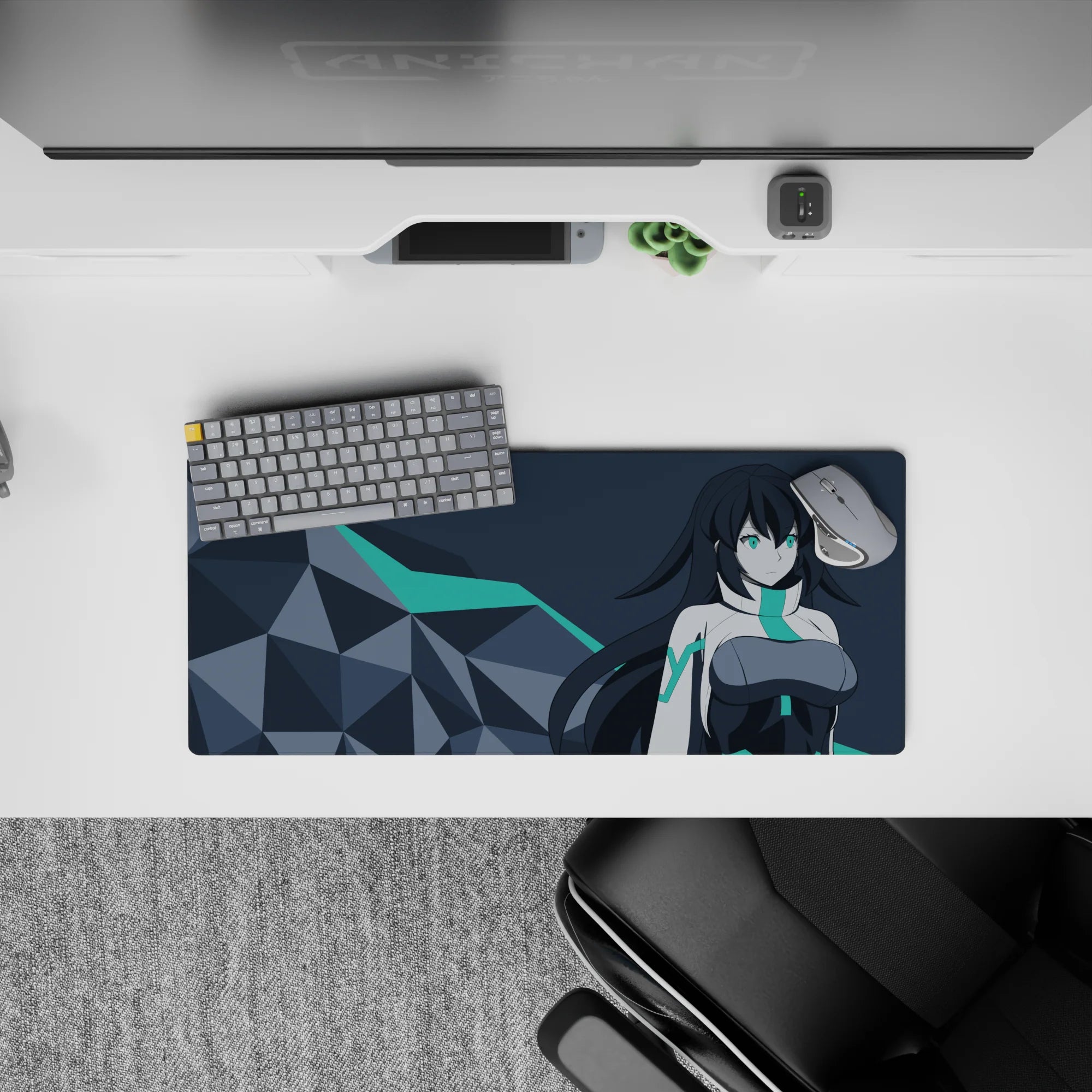 28x12 inches anime mouse pad in white and charcoal with teal accents, cool mysterious sci-fi vibe.