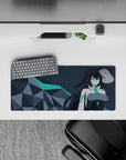 28x12 inches anime mouse pad in white and charcoal with teal accents, cool mysterious sci-fi vibe.