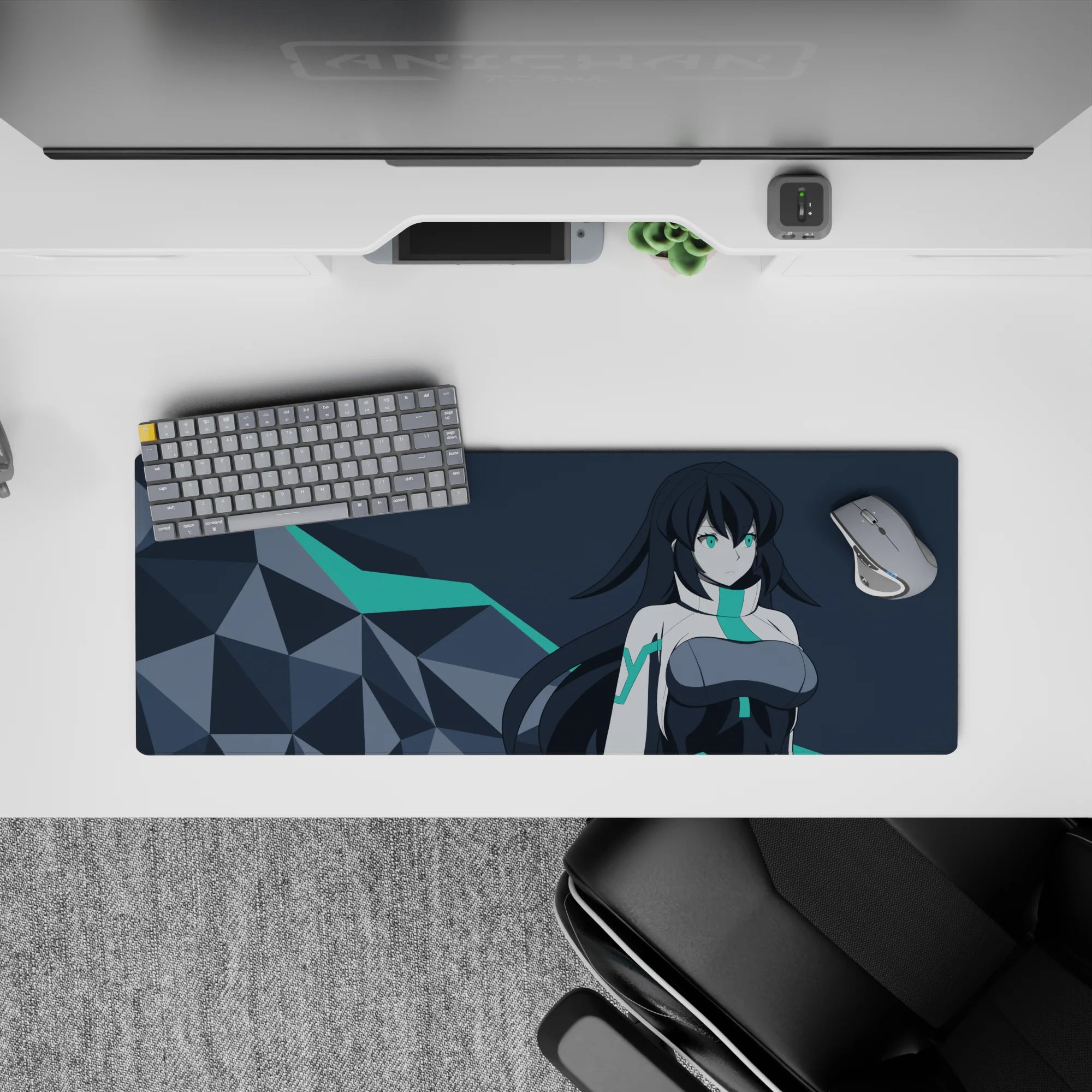 Teal-eyed cyber-future anime girl mouse pad 32x12 inches in cool teal, white, and charcoal tones.