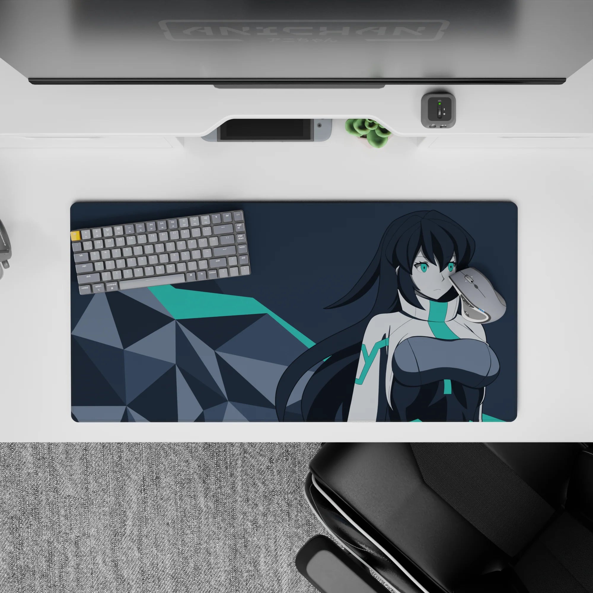 Teal-eyed anime girl mouse pad 32x16 inches in cool white and charcoal tones, modern mysterious vibe.
