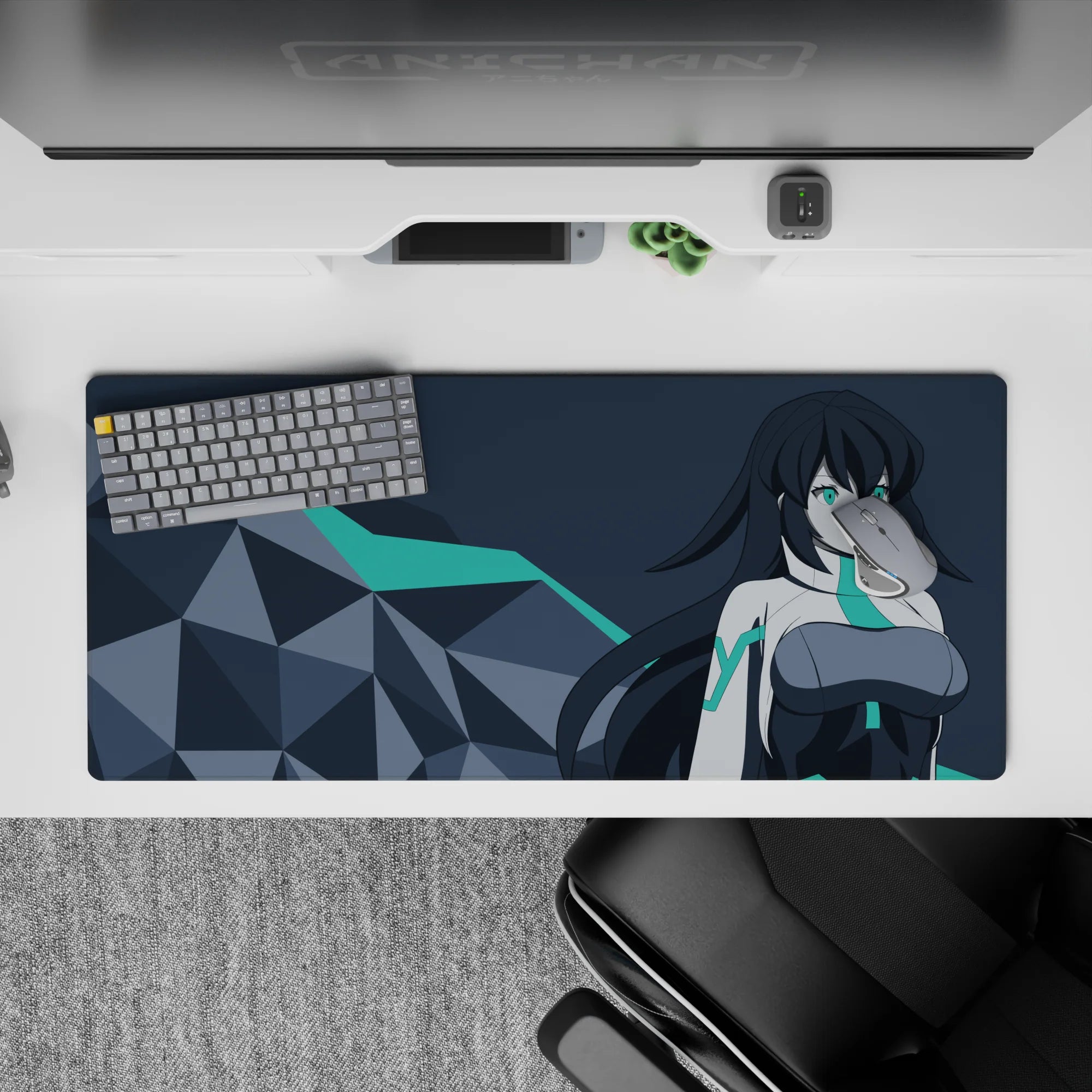 Cyber-future anime desk pad 36x16 inches in teal, white, and charcoal with cool mysterious mood.