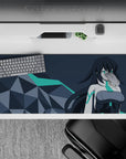 Cyber-future anime desk pad 36x16 inches in teal, white, and charcoal with cool mysterious mood.