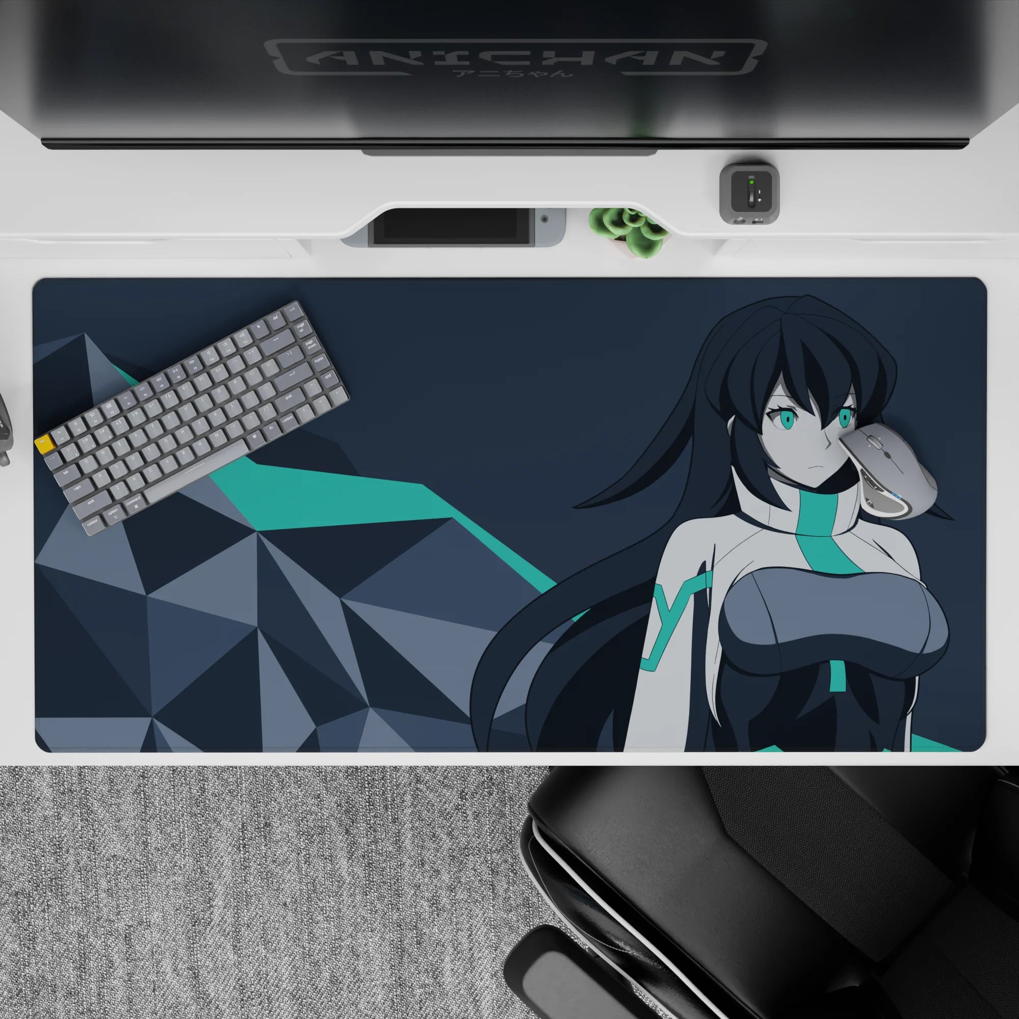 Cool teal-and-charcoal anime girl desk pad 40x20 inches, clean cyber-future vibe with soft mysterious mood.