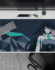 Cool teal-and-charcoal anime girl desk pad 40x20 inches, clean cyber-future vibe with soft mysterious mood.