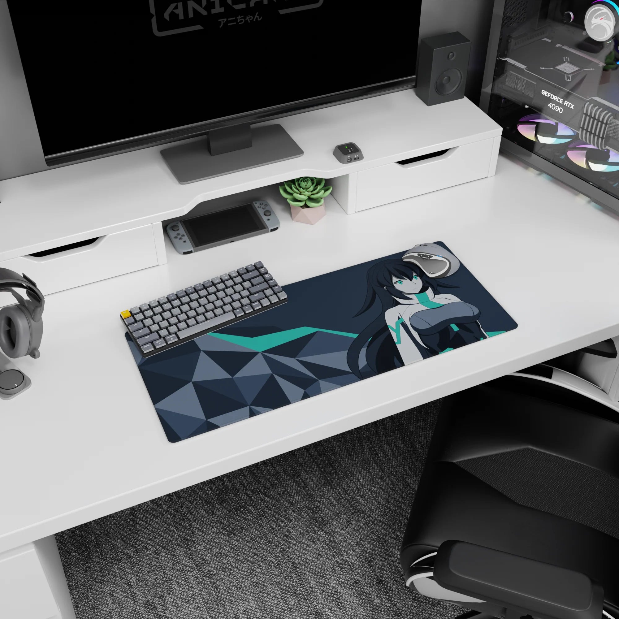 28x12 inches anime girl mouse pad featuring teal-eyed heroine in sleek suit, flowing hair, modern desk art.